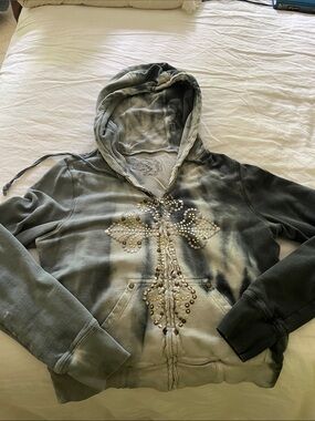 LF Women's Gray Tie-Dye Studded Zip Hoodie Jacket
